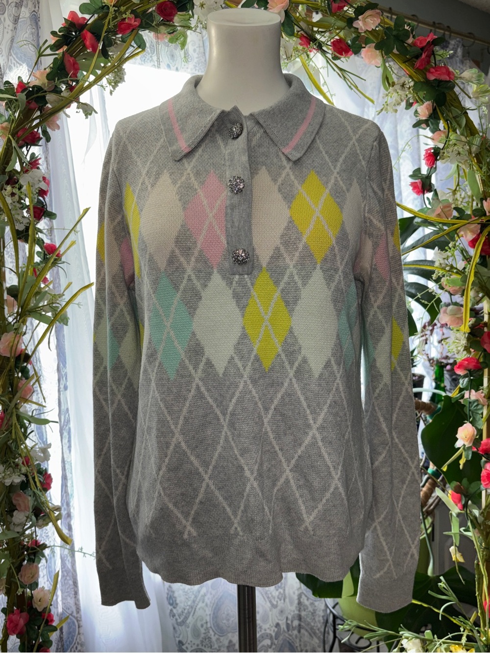 Charter Club Gray Pastel Argyle Polo Sweater Women’s Size Small